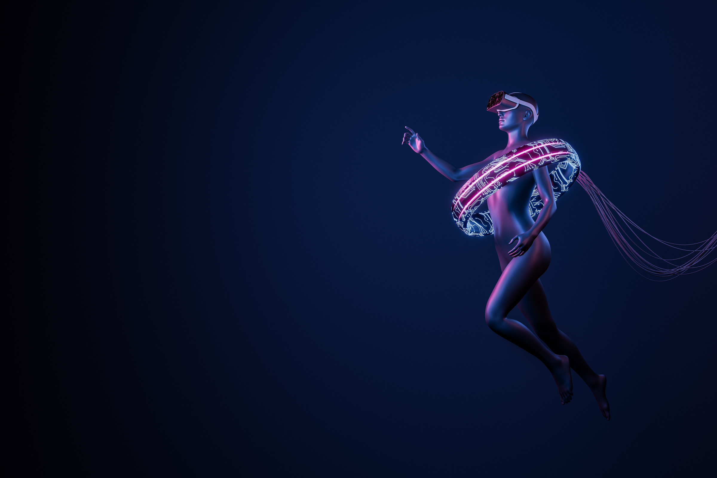 Futuristic 3D Woman Floating with VR Glasses